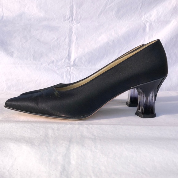 Salvatore Ferragamo “Boemia,” Black Silk Like Fabric, 2.75” Lucite Heel w/Lace - Picture 6 of 16